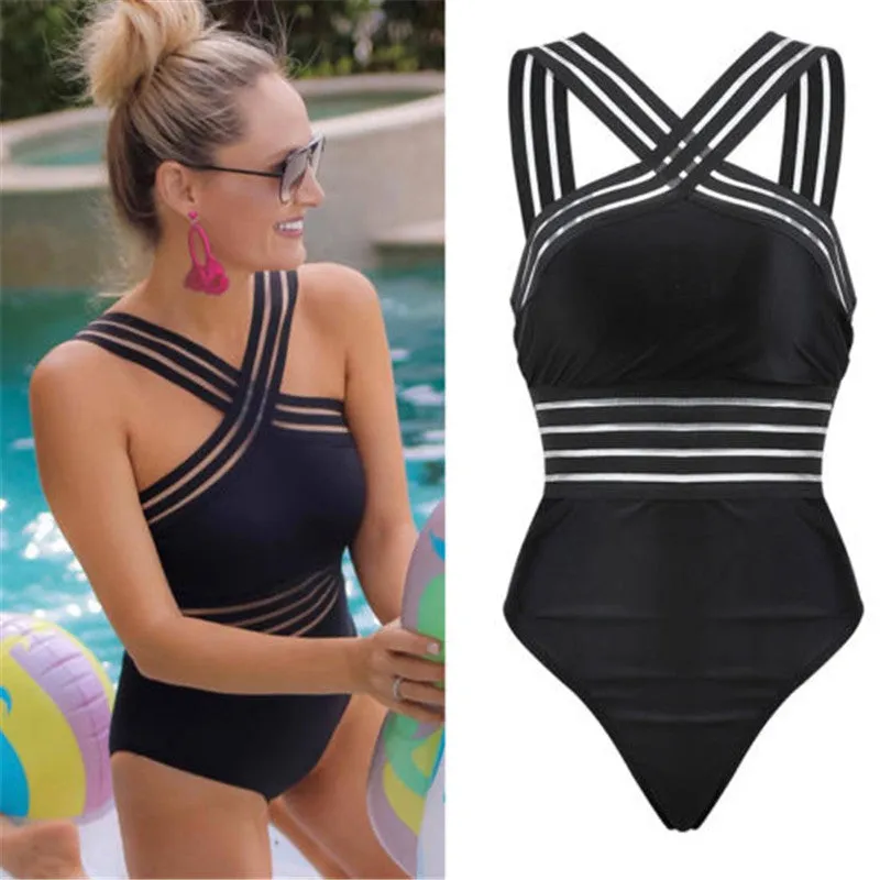 2019 Swimwear Women One Piece High Neck Bandage Cross Back Neck Monokini