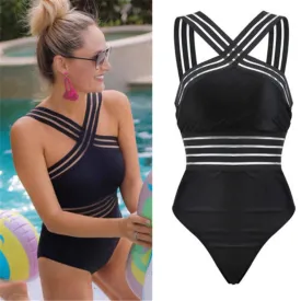 2019 Swimwear Women One Piece High Neck Bandage Cross Back Neck Monokini