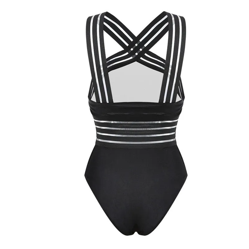 2019 Swimwear Women One Piece High Neck Bandage Cross Back Neck Monokini