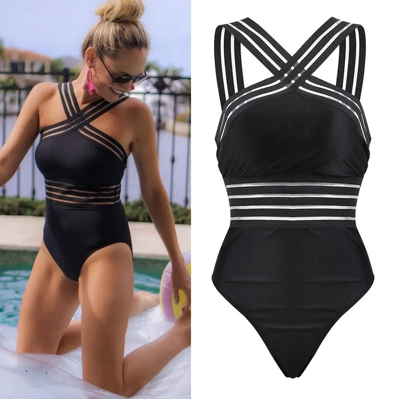 2019 Swimwear Women One Piece High Neck Bandage Cross Back Neck Monokini