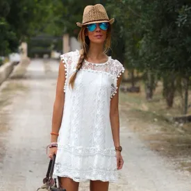 2019 Women Sexy Lace Flare Sleeveless Mini Short Beach Dresses For Women Solid White Hollow Out Loose Casual Beach Dresses Girls