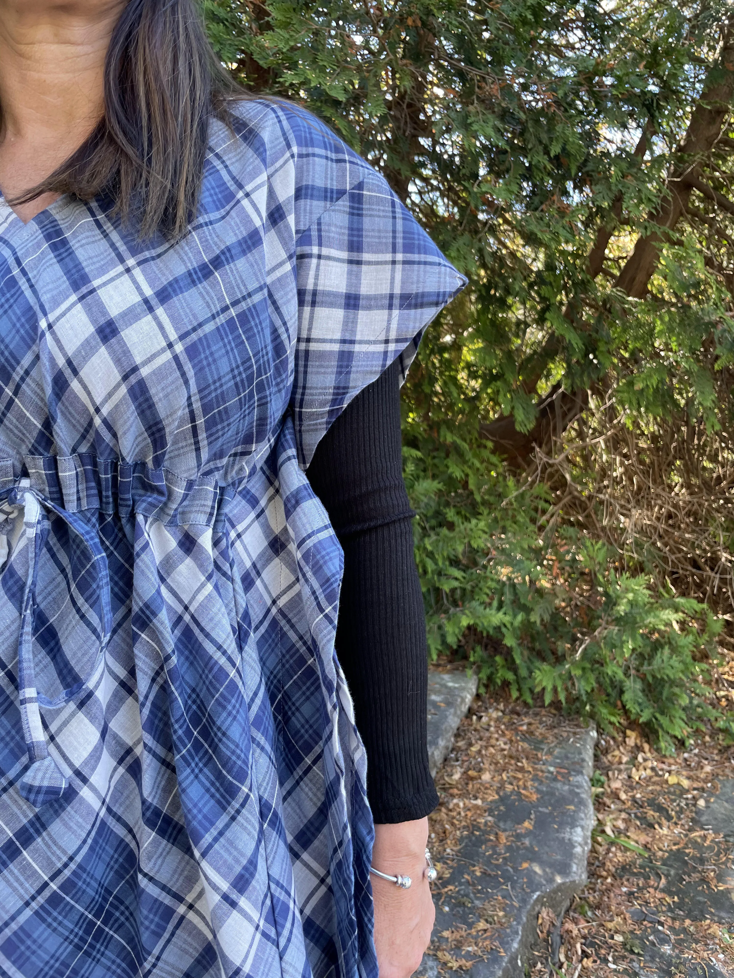Fair Trade Blue Plaid Cotton Short Kaftan Adult