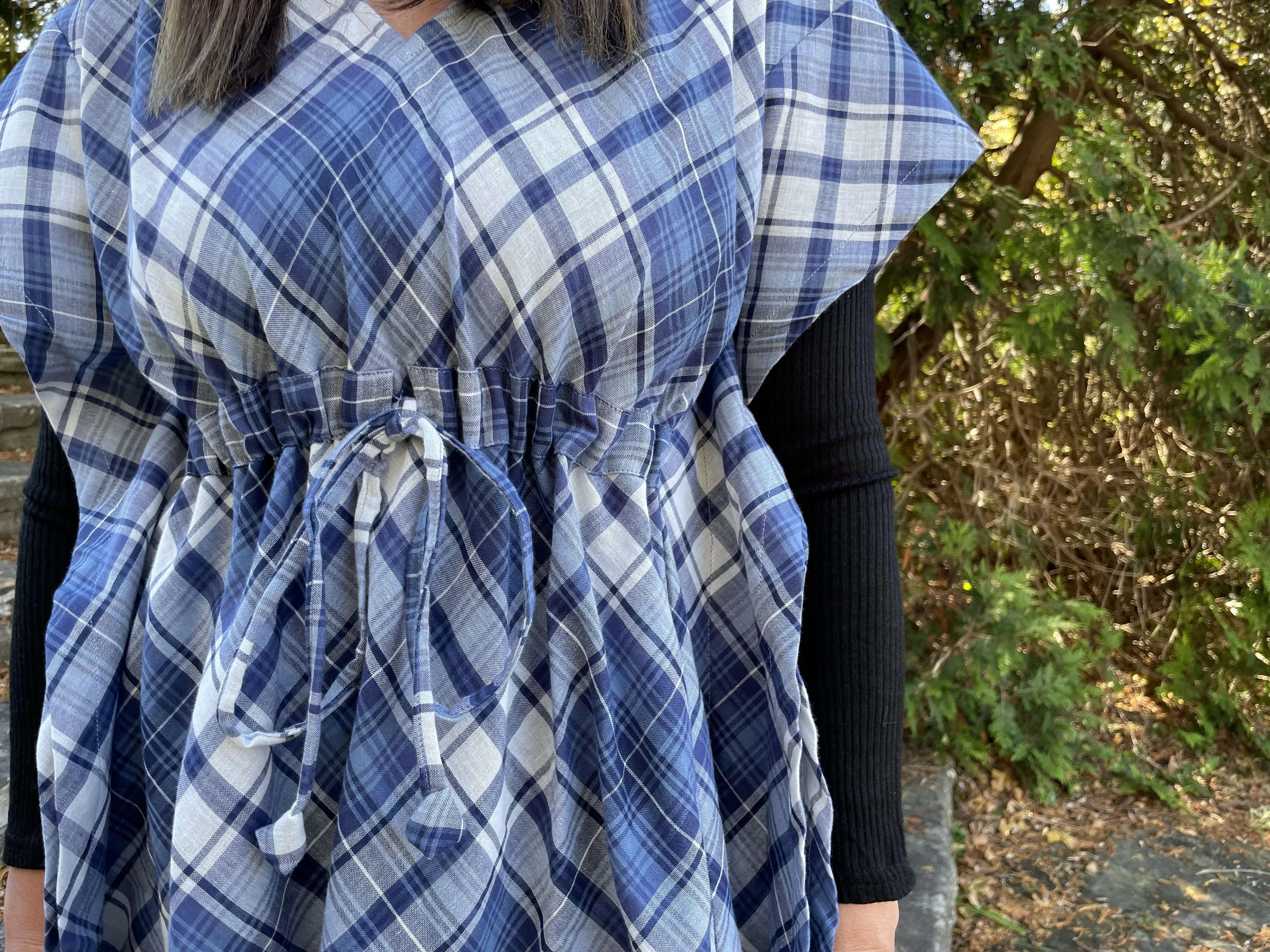 Fair Trade Blue Plaid Cotton Short Kaftan Adult