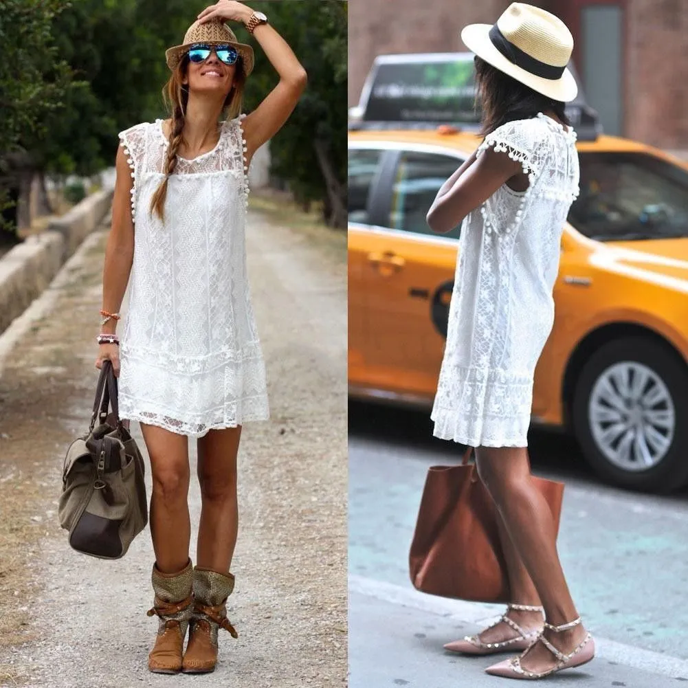 Lace Flare Sleeveless Mini Short Beach Dresses