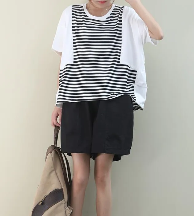 Patchwork A-Line Striped Loose Casual Summer Women Cotton Tops WG961707