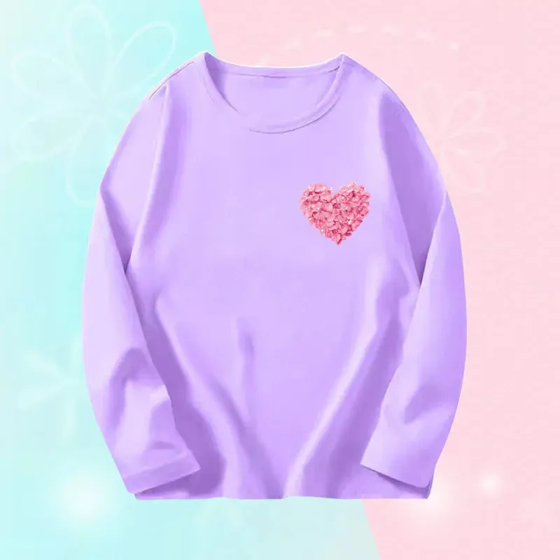 Pink Flower Heart Print Girls T-Shirt Casual White Tops Spring Long Sleeve Kids T Shirt Kawaii Love Print Tops
