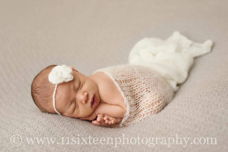 SET Off White Mohair Knit Baby Wrap and Headband