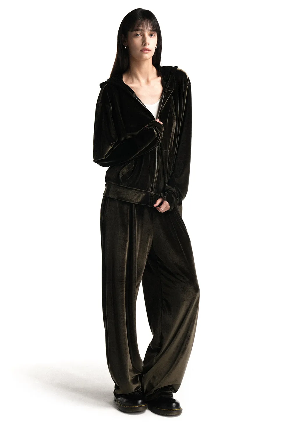 Signature velour slim hood zip-up khaki