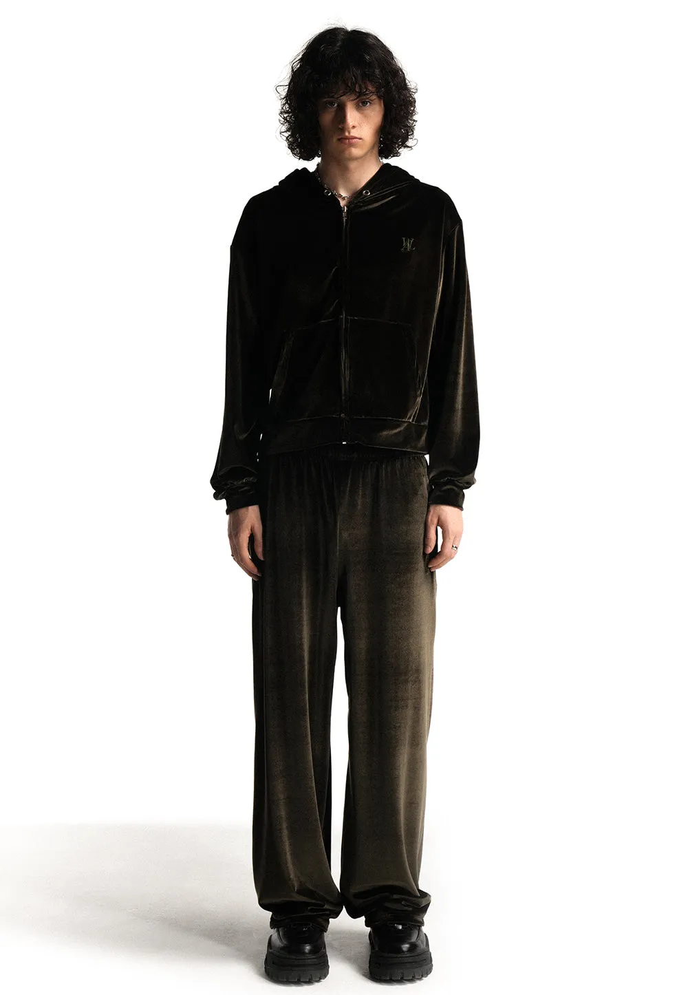 Signature velour slim hood zip-up khaki