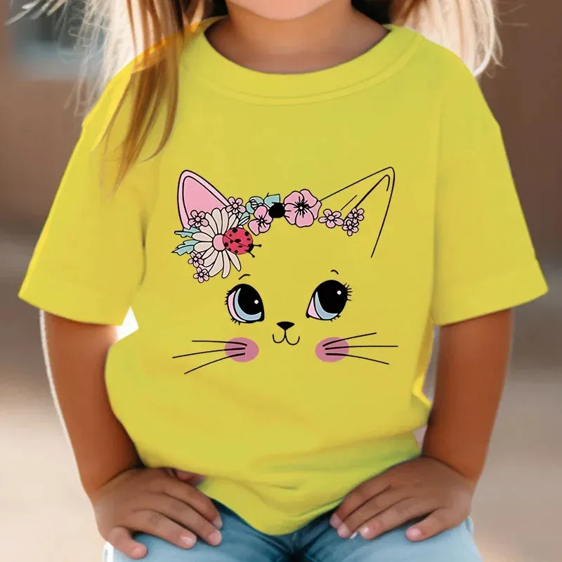 Summer Kids T Shirt Flower Cat Graphic Shirt Girls Floral Kitty Tops White Short Sleeve Wild Tee Cute Animal Cartoon Cat T-shirt