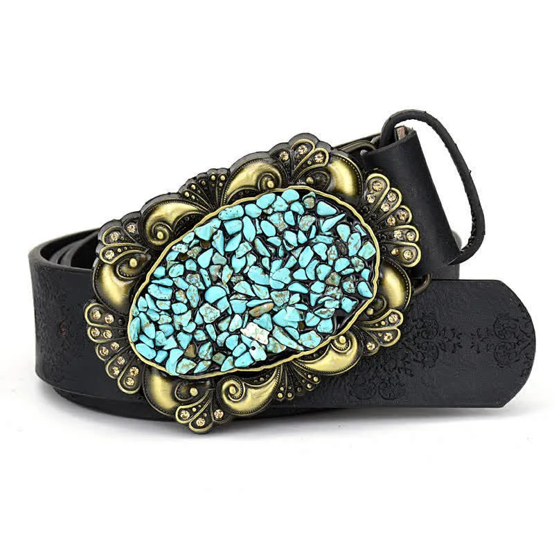 Women's Decorative Inlaid Color Stone Turquoise Leather Belt