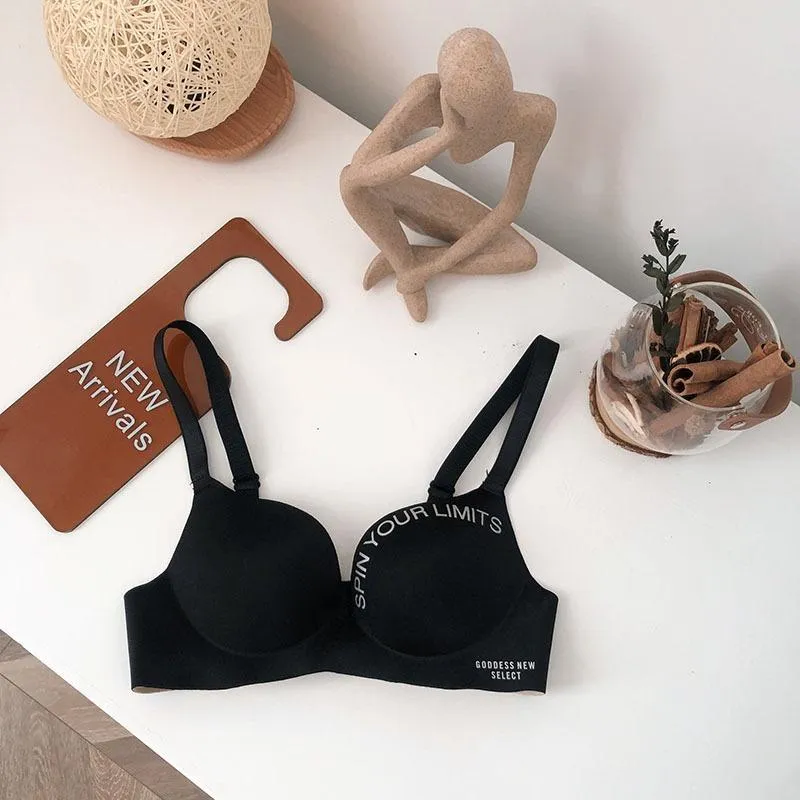 Women's Seamless Letter Print Bra Without Steel Ring Soft Ice Silk Bra Sexy Push-up Gather Bra